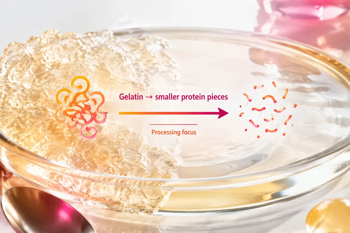 Clear gelatin gel in a glass dish with a simple diagram of gelatin being cut into smaller protein pieces